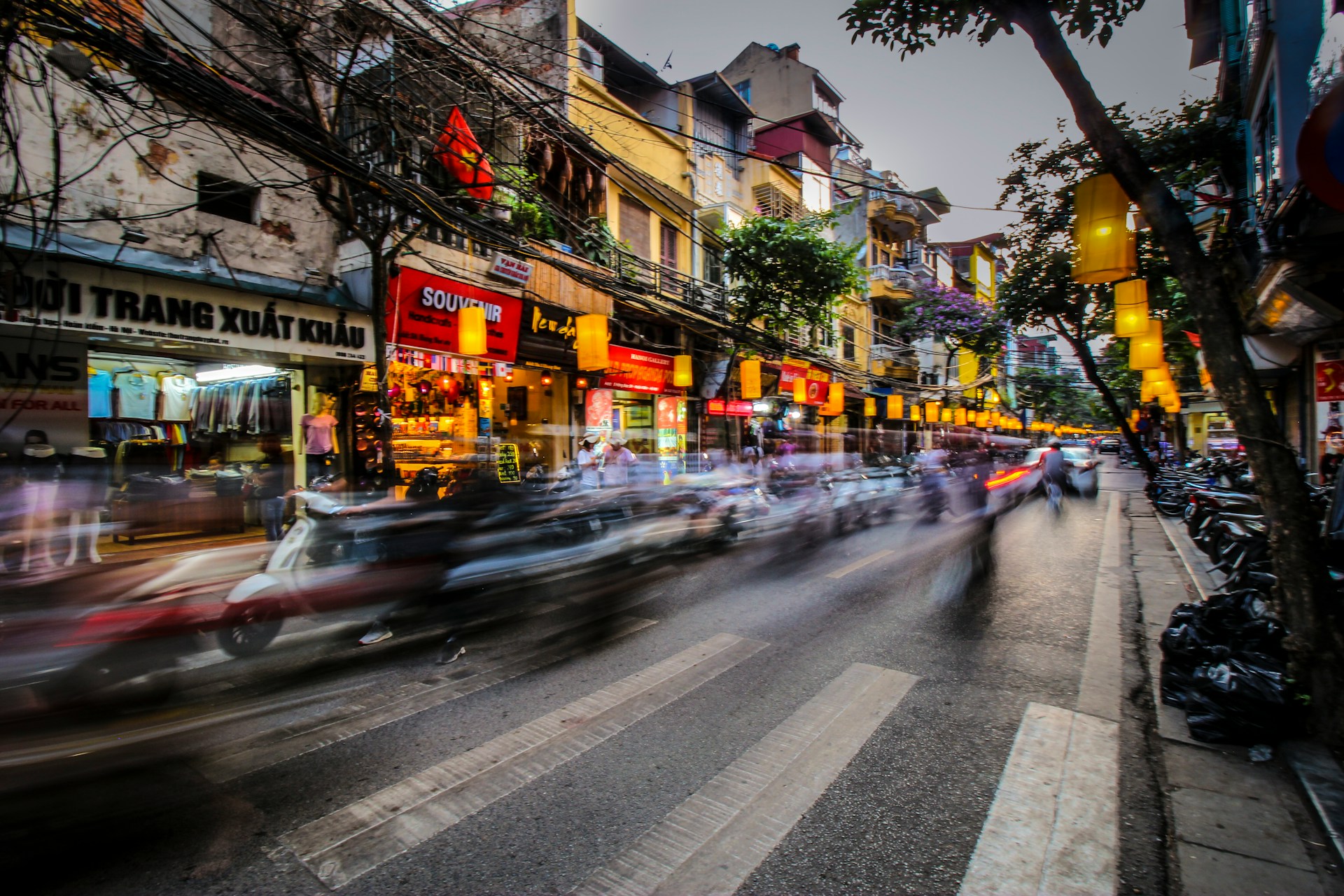 Busy urban street scene in Southeast Asia